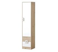 MINIO go for it - Armoire Nimes 5, 40x190x40 cm, Armoire avec 1 Porte, Armoires Penderie avec 2 Tiroirs, Armoires Chambre avec 3 Étagères, sans Tringle, Chêne Clair/Blanc
