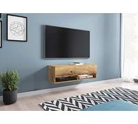 MINIO go for it - Armoire TV Lowboard Anne,100x30x33 cm, avec Portes et Niches Ouvertes, Panneau de Particules Stratifié, Chêne Wotan, Éclairage LED