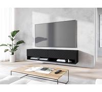MINIO go for it - Armoire TV Lowboard Anne, 140x30x33 cm, avec Portes et Niches Ouvertes, Panneau de Particules Stratifié, Fonctionnel, Noir/Motif Herringbone - Éclairage LED