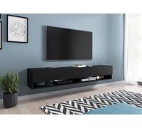 MINIO go for it - Armoire TV Lowboard Anne, 180x30x33 cm, avec Portes et Niches Ouvertes, Panneau de Particules Stratifié, Noire Mat, Éclairage LED