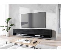 MINIO go for it - Armoire TV Lowboard Anne, 180x30x33 cm, avec Portes et Niches Ouvertes, Panneau de Particules Stratifié, Fonctionnel, Noir/Motif de Vague - sans Éclairage