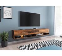 MINIO go for it - Armoire TV Lowboard Anne, 180x30x33 cm, avec Portes et Niches Ouvertes, Panneau de Particules Stratifié, Oldwood, avec Éclairage LED