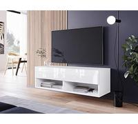 MINIO go for it - Armoire TV Lowboard Anne I 100x30x33 cm I avec Portes et Niches Ouvertes I Panneau de Particules Stratifié I Fonctionnel I Blanc Mat et Blanc Brillant - Éclairage LED