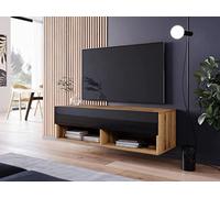 MINIO go for it - Armoire TV Lowboard Anne I 100x30x33 cm I avec Portes et Niches Ouvertes I Panneau de Particules Stratifié I Fonctionnel I Noir Brillant et Chêne Wotan - Éclairage LED