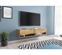 MINIO go for it - Armoire TV Lowboard Anne I 140x30x33 cm I avec Portes et Niches Ouvertes I Panneau de Particules Stratifié I Fonctionnel I Chêne Wotan - Éclairage LED