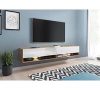 MINIO go for it - Armoire TV Lowboard Anne I 180x30x33 cm I avec Portes et Niches Ouvertes I Panneau de Particules Stratifié I Fonctionnel I Blanc Brillant et Chêne Wotan - Éclairage LED