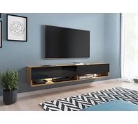 MINIO go for it - Armoire TV Lowboard Anne I 180x30x33 cm I avec Portes et Niches Ouvertes I Panneau de Particules Stratifié I Fonctionnel I Noir Brillant et Chêne Wotan - Éclairage LED