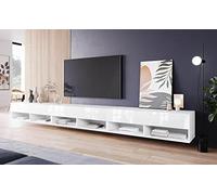 MINIO go for it - Armoire TV Lowboard Anne I 300x30x33 cm I avec Portes et Niches Ouvertes I Panneau de Particules Stratifié I Fonctionnel I Blanc Mat et Blanc Brillant - Éclairage LED