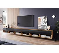 MINIO go for it - Armoire TV Lowboard Anne I 300x30x33 cm I avec Portes et Niches Ouvertes I Panneau de Particules Stratifié I Fonctionnel I Noir Brillant et Chêne Wotan - Éclairage LED