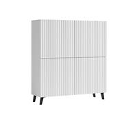 MINIO go for it - Blanc/blanc avec façades rainurées en MDF, 120 cm de large, commode haute avec 4 portes et 6 étagères, meuble de salon