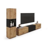 MINIO go for it - BRELA 1 Meuble Mural, à Poser ou à Fixer au Mur, Ensemble de 2 pièces, vitrine, étagère Basse, Coloris : Noir Mat/chêne Wotan - avec éclairage LED