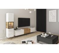 MINIO go for it - BRELA 1 Meuble Mural de Salon, Ensemble 2 pièces, vitrine, Meuble Bas, étagère Murale, Coloris : Blanc Mat/chêne Wotan/Blanc Brillant - avec éclairage LED
