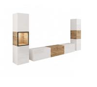 MINIO go for it - BRELA 3 Meuble Mural, à Poser ou à Fixer au Mur, Ensemble 3 pièces, vitrine, Meuble Bas, étagère Murale, Coloris : Blanc Mat/chêne Wotan/Blanc Brillant - avec éclairage LED
