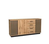 MINIO go for it - Commode avec Lamelles MDF Lamia 21, Buffet 178,2 x 88,2 x 40 cm, Buffet avec 3 Portes et 4 Tiroirs, Meuble Idéal pour Chambre à Coucher, Chêne Wotan/Noir Mat