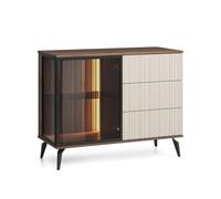 MINIO go for it - Commode avec Porte vitrée Ventura, Buffet de Salon, vitrine 103 cm de Large, Trois tiroirs, Couleur Gablote Noyer Warmia/Cachemire/Verre Antisol, avec éclairage LED