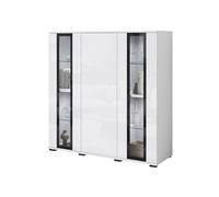 MINIO go for it, Commode FARO 120 cm, Portes vitrées, vitrine, Coloris : Blanc Mat/Blanc Brillant avec éclairage LED