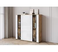 MINIO go for it, Commode FARO 120 cm, Portes vitrées, vitrine, Coloris : chêne Wotan/Blanc laqué