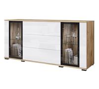 MINIO go for it - Commode FARO, 150 cm, 3 tiroirs, Portes vitrées, vitrine, Coloris chêne Wotan/Blanc Brillant, éclairage LED.