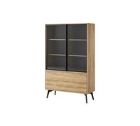 MINIO go for it - Commode Haute avec Portes métalliques et Panneau vitré Side, Buffet Haut de Salon, Largeur 100 cm, avec Pieds en Bois, Couleur chêne Baroque
