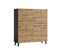 MINIO go for it - Commode haute LOKET, 120 cm de large, commode 4 portes, commode sur pied, salon, buffet, meuble de salon, couleur : noir mat/chêne Wotan à chevrons