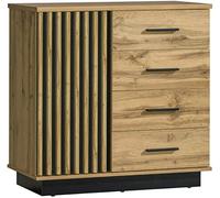 MINIO go for it - Commode Lamia 5, 90x88x40 cm, en Panneau Stratifié de 16 mm D'épaisseur, Quatre Tiroirs, Lattes Modernes, Style Moderne, Chêne Wotan/Couleur Noir Mat