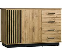 MINIO go for it - Commode Lamia 6, 141x88x40 cm, en Panneau Stratifié de 16 mm D'épaisseur, Quatre Tiroirs, Lattes Modernes, Style Moderne, Chêne Wotan/Couleur Noir Mat