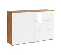 MINIO go for it - Commode Parma I 111x68x39,5 cm I avec Portes et Tiroirs I Push to Open I Panneau de Particules Stratifié I Pieds en Métal I Pratique et Fonctionnel I Chêne Wotan et Blanc Brillant