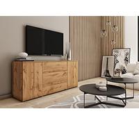 MINIO go for it - Commode Parma I 150x68x39,5 cm I avec Portes et Tiroirs I Push to Open I Panneau de Particules Stratifié I Pieds en Métal I Pratique et Fonctionnel I Chêne Wotan