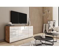 MINIO go for it - Commode Parma I 150x68x39,5 cm I avec Portes et Tiroirs I Push to Open I Panneau de Particules Stratifié I Pieds en Métal I Pratique et Fonctionnel I Chêne Wotan et Blanc Brillant