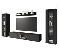 MINIO go for it - Ensemble de 4 éléments muraux FARO, Suspendus ou à Poser, 2 armoires Hautes, Buffet Bas avec Porte vitrée, étagère Murale, aggloméré laminé, Noir Mat - éclairage LED