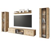 MINIO go for it - Ensemble de 4 éléments muraux FARO, Suspendus ou à Poser, 2 armoires Hautes, Buffet Bas avec Porte vitrée, aggloméré stratifié, Couleur chêne Wotan - sans éclairage LED