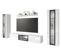 MINIO go for it - Ensemble de 4 éléments muraux FARO, Suspendus ou à Poser, 2 armoires Hautes Buffet Bas avec Porte vitrée, étagère Murale, aggloméré stratifié Blanc Mat/Brillant, sans éclairage LED