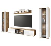 MINIO go for it - Ensemble de 4 éléments muraux FARO, suspendus ou à poser, 2 armoires hautes, buffet bas avec porte vitrée, aggloméré stratifié couleur chêne Wotan blanc brillant - sans éclairage LED
