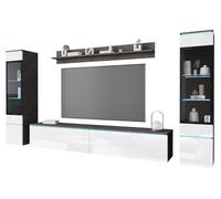 MINIO go for it - Ensemble de Meuble TV 4 pièces Veve 2 - avec LED | 2X armoire vitrine, meuble bas étagère murale, panneau de particules laminé, Matera et blanc brillant