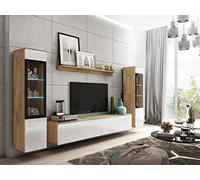 MINIO go for it - Ensemble de Meuble TV 4 pièces Veve 2 - sans LED | 2x armoire vitrine, meuble bas, étagère murale, panneau de particules laminé, chêne Wotan et blanc brillant