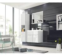 MINIO go for it - Ensemble de Meubles de Salle de Bain 3 Pièces Monal I Élément Mural I Miroir avec Étagère I Meuble avec Lavabo I Panneau de Particules Stratifié I Blanc Brillant/Blanc Mat