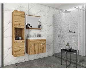 MINIO go for it - Ensemble de Meubles de Salle de Bain 3 Pièces Monal I Élément Mural I Miroir avec Étagère I Meuble avec Lavabo I Panneau de Particules Stratifié I chêne wotan