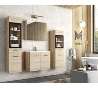 MINIO go for it - Ensemble de Meubles de Salle De Bain 4 Pièces Marit 2 I Élément Mural Moyen Et Grand avec Éclairage LED I Meuble Miroir Mural I Meuble avec Lavabo I Chêne San Remo