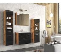 MINIO go for it - Ensemble de Meubles de Salle De Bain 4 Pièces Marit 2 I Élément Mural Moyen Et Grand avec Éclairage LED I Meuble Miroir Mural I Meuble avec Lavabo I Chêne Wotan/Noir Brillant