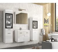 MINIO go for it - Ensemble de Meubles De Salle de Bain 4 Pièces Marit 2 I Élément Mural Moyen Et Grand sans Éclairage LED I Meuble Miroir Mural I Meuble avec Lavabo I Blanc/Blanc Brillant