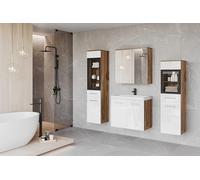 MINIO go for it - Ensemble de Meubles De Salle de Bain 4 Pièces Marit 2 I Élément Mural Moyen Et Grand sans Éclairage LED I Meuble Miroir Mural I Meuble avec Lavabo I Wotan Chêne/Blanc Brillant