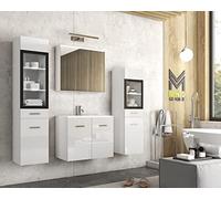 MINIO go for it - Ensemble de Meubles de Salle De Bain 4 Pièces Marit 2 I Élément Mural Moyen Et Grand avec Éclairage LED I Meuble Miroir Mural I Meuble avec Lavabo I Blanc/Blanc Brillant