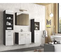 MINIO go for it - Ensemble de Meubles de Salle De Bain 4 Pièces Marit 2 I Élément Mural Moyen Et Grand avec Éclairage LED I Meuble Miroir Mural I Meuble avec Lavabo I Matera/Blanc Brillant