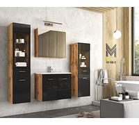 MINIO go for it - Ensemble de Meubles De Salle de Bain 4 Pièces Marit 2 I Élément Mural Moyen Et Grand sans Éclairage LED I Meuble Miroir Mural I Meuble avec Lavabo I Chêne Wotan/Noir Brillant