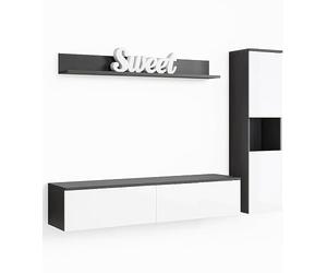MINIO go for it - Ensemble de Meubles Parma 3 pièces Suspendu ou Debout | Buffet haut, buffet bas, étagère murale, panneau stratifié, couleur : graphite Matera / blanc brillant