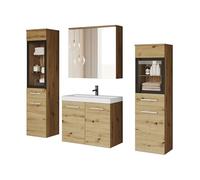 MINIO go for it - Ensemble de salle de bain Marit 2-4 pièces, éclairage LED, armoire murale, miroir et lavabo, chêne artisan