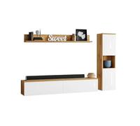 MINIO go for it - Ensemble D'éléments Muraux 3 Pièces Parma I Suspendu Ou Debout I Highboard I Lowboard I Panneau Mural I sans Éclairage I Chêne Wotan/Blanc Brillant