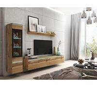 MINIO go for it - Ensemble D'éléments Muraux 3 Pièces Veve 1 I Suspendu Ou Debout I Armoire Haute Vitrine I Lowboard I Panneau Mural I Éclairage LED I Chêne Wotan
