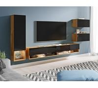 MINIO go for it - Ensemble D'éléments Muraux 4 Pièces Amy, Suspendu Ou Debout, Armoire Haute Vitrine, Lowboard, 2X Armoire Suspendue, Chêne Wotan/Noir Brillant - avec LED