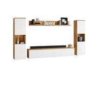 MINIO go for it - Ensemble D'éléments Muraux 4 Pièces Parma 1 I Suspendu Ou Debout I 2X Highboard I Lowboard I Panneau Mural I Éclairage LED I Chêne Wotan/Blanc Brillant